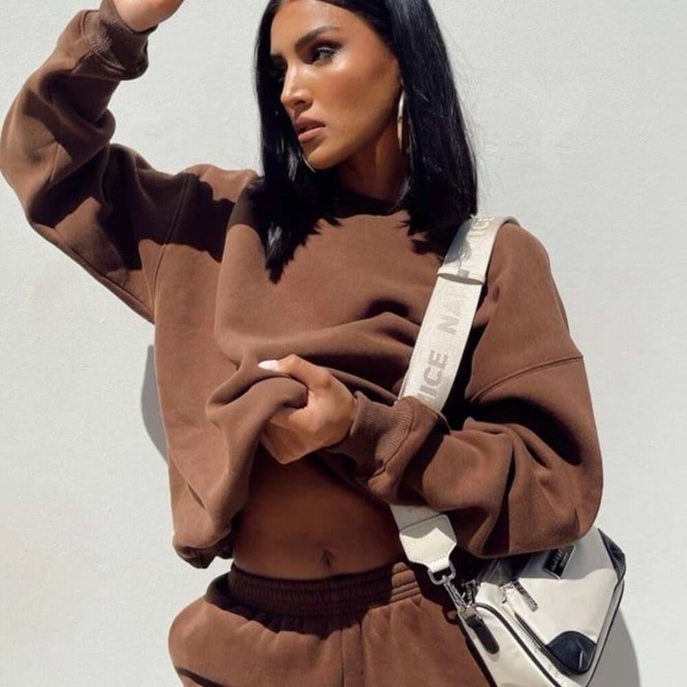 Princess Polly Cocoa Brown Classic Club Fleece Crewneck Sweatshirt Size 2 - Picture 2 of 3